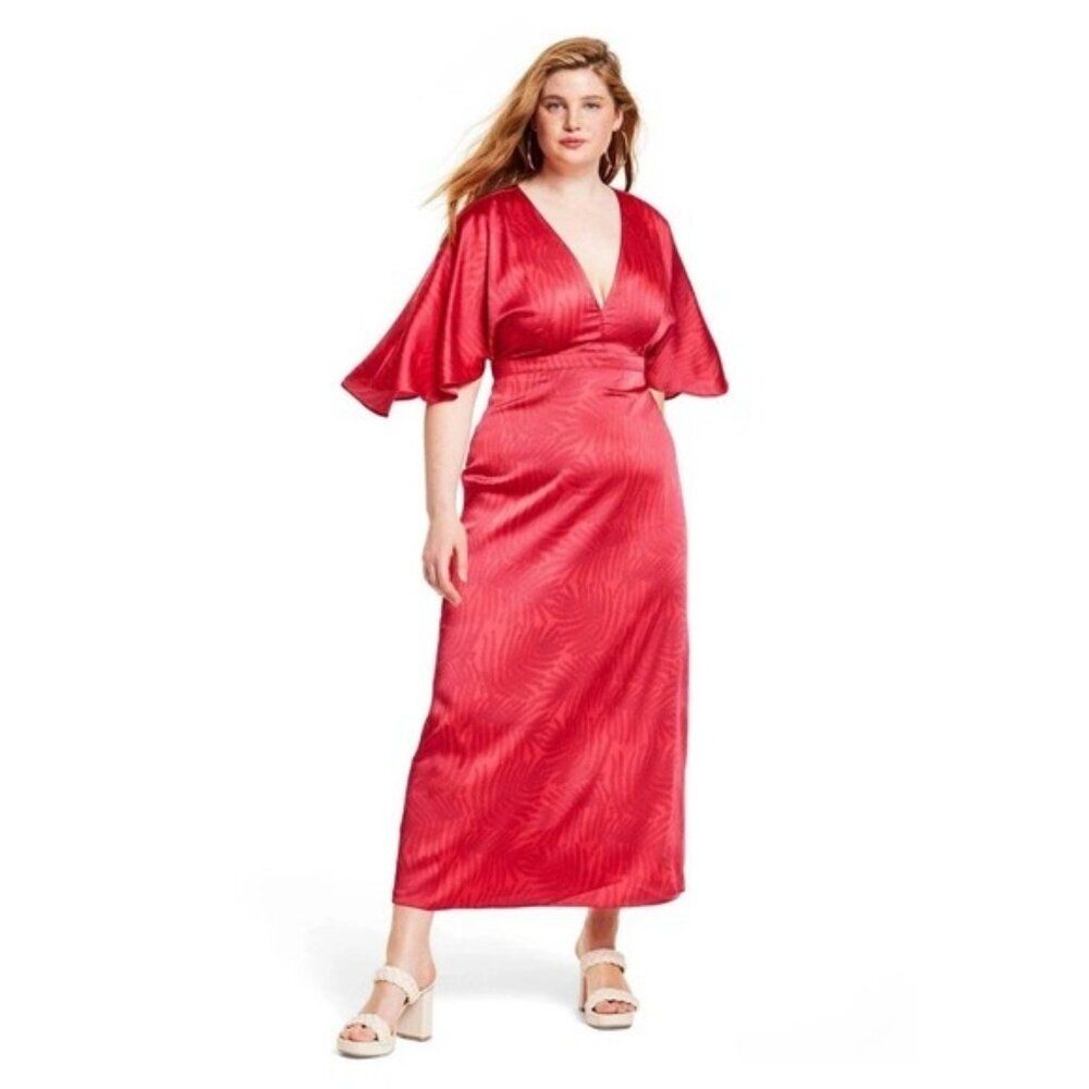 Fe Noel Women's Palm Leaf Exaggerated Flutter‎ Sleeve Maxi Dress Size 14 V Neck